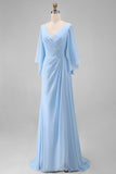 Vestido Comprido Ceu Azul com Decote em V para Mãe da Noiva