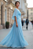 Vestido Comprido Ceu Azul com Decote em V para Mãe da Noiva