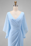 Vestido Comprido Ceu Azul com Decote em V para Mãe da Noiva