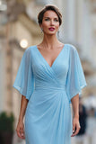 Vestido Comprido Ceu Azul com Decote em V para Mãe da Noiva