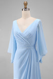 Vestido Comprido Ceu Azul com Decote em V para Mãe da Noiva