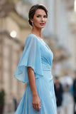 Vestido Comprido Ceu Azul com Decote em V para Mãe da Noiva