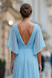 Vestido Comprido Ceu Azul com Decote em V para Mãe da Noiva