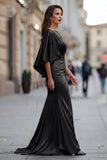 Vestido Longo Preto Sereia para Mãe da Noiva com Decote em Bico