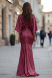 Vestido Comprido Borgonda Sereia com Drapeados para Mãe da Noiva