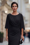 Vestido Preto Sereia Comprido com Drapeados para Mãe da Noiva e Mangas