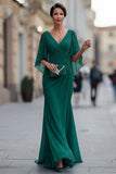 Vestido Comprido Sereia Verde Escuro com Decote em V para Mãe da Noiva