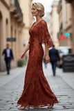 Vestido de Mãe da Noiva com Capa Enferrujada de Renda e Manga Meio