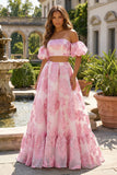 Zapaka Mulheres Vestido de Baile Longo de Duas Peças Rosa e com Ombro a Ombro