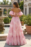 Vestido Longo de Duas Peças Jacquard Rosa Ombro a Ombro para Convidadas de Casamento