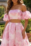Vestido Longo de Duas Peças Jacquard Rosa Ombro a Ombro para Convidadas de Casamento