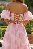 Vestido Longo de Duas Peças Jacquard Rosa Ombro a Ombro para Convidadas de Casamento