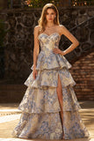 Vestido de Baile de Finalistas Jacquard Azul Empoeirado Pérola A Linha Longa com Fendas