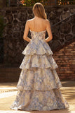 Vestido de Baile de Finalistas Jacquard Azul Empoeirado Pérola A Linha Longa com Fendas