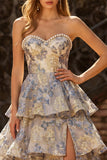 Vestido de Baile de Finalistas Jacquard Azul Empoeirado Pérola A Linha Longa com Fendas