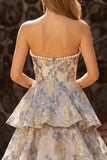 Vestido de Baile de Finalistas Jacquard Azul Empoeirado Pérola A Linha Longa com Fendas
