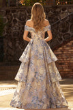 Vestido de Baile Comprido Azul Empoeirado com Espartilho Ombro a Ombro e Racha