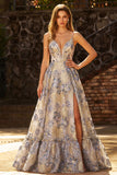 Zapaka Mulheres Vestido de Baile Longo Jacquard Decote em V Azul Empoeirado Floral Linha-A com Fenda