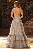 Vestido de Baile Longo Jacquard Decote em V Linha-A Azul Empoeirado