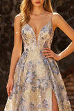 Vestido de Baile Longo Jacquard Decote em V Linha-A Azul Empoeirado