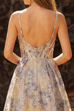 Vestido de Baile Longo Jacquard Decote em V Linha-A Azul Empoeirado