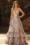 Vestido de Baile de Finalistas Longo com Espartilho Jacquard Com Folhos Azul Empoeirado