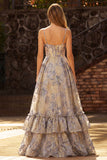 Vestido de Baile de Finalistas Longo com Espartilho Jacquard Com Folhos Azul Empoeirado