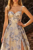 Vestido de Baile de Finalistas Longo com Espartilho Jacquard Com Folhos Azul Empoeirado
