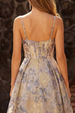 Vestido de Baile de Finalistas Longo com Espartilho Jacquard Com Folhos Azul Empoeirado