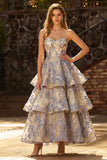Vestido de Baile Midi em Camadas com Espartilho Jacquard Azul Empoeirado Sem Alças