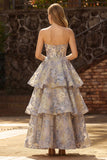 Vestido de Baile Midi em Camadas com Espartilho Jacquard Azul Empoeirado Sem Alças