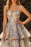 Vestido de Baile Midi em Camadas com Espartilho Jacquard Azul Empoeirado Sem Alças