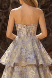 Vestido de Baile Midi em Camadas com Espartilho Jacquard Azul Empoeirado Sem Alças