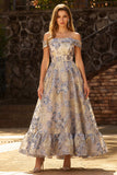 Vestido de Baile Comprido Azul Empoeirado em Jacquard com Linha-A