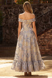 Vestido de Baile Comprido Azul Empoeirado em Jacquard com Linha-A