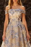 Vestido de Baile Comprido Azul Empoeirado em Jacquard com Linha-A