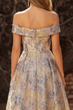 Vestido de Baile Comprido Azul Empoeirado em Jacquard com Linha-A