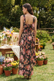 Vestido Longo de Sem Alças com Flor Rosa e Preta para Convidada de Casamento