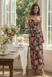 Vestido Longo de Sem Alças com Flor Rosa e Preta para Convidada de Casamento