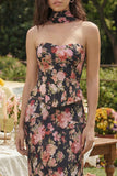 Vestido Longo de Sem Alças com Flor Rosa e Preta para Convidada de Casamento