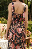 Vestido Longo de Sem Alças com Flor Rosa e Preta para Convidada de Casamento