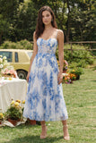 Vestido Midi de Espartilho de Flor Branca Azul Flor A-Line em Tule