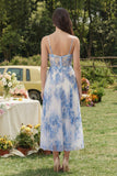 Vestido Midi de Espartilho de Flor Branca Azul Flor A-Line em Tule