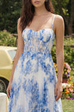 Vestido Midi de Espartilho de Flor Branca Azul Flor A-Line em Tule