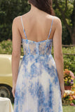 Vestido Midi de Espartilho de Flor Branca Azul Flor A-Line em Tule