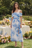 Vestido Midi Floral Branca e Azul com Linha-A e Ombro a Ombro para Convidada de Casamento