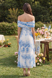 Vestido Midi Floral Branca e Azul com Linha-A e Ombro a Ombro para Convidada de Casamento