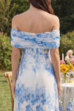 Vestido Midi Floral Branca e Azul com Linha-A e Ombro a Ombro para Convidada de Casamento
