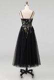Vestido Midi Preto com Alças Finas em Tule com Aplicação para Convidada de Casamento
