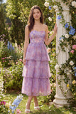 Vestido de Convidada Midi Linha A de Casamento Roxo Floral com Camadas